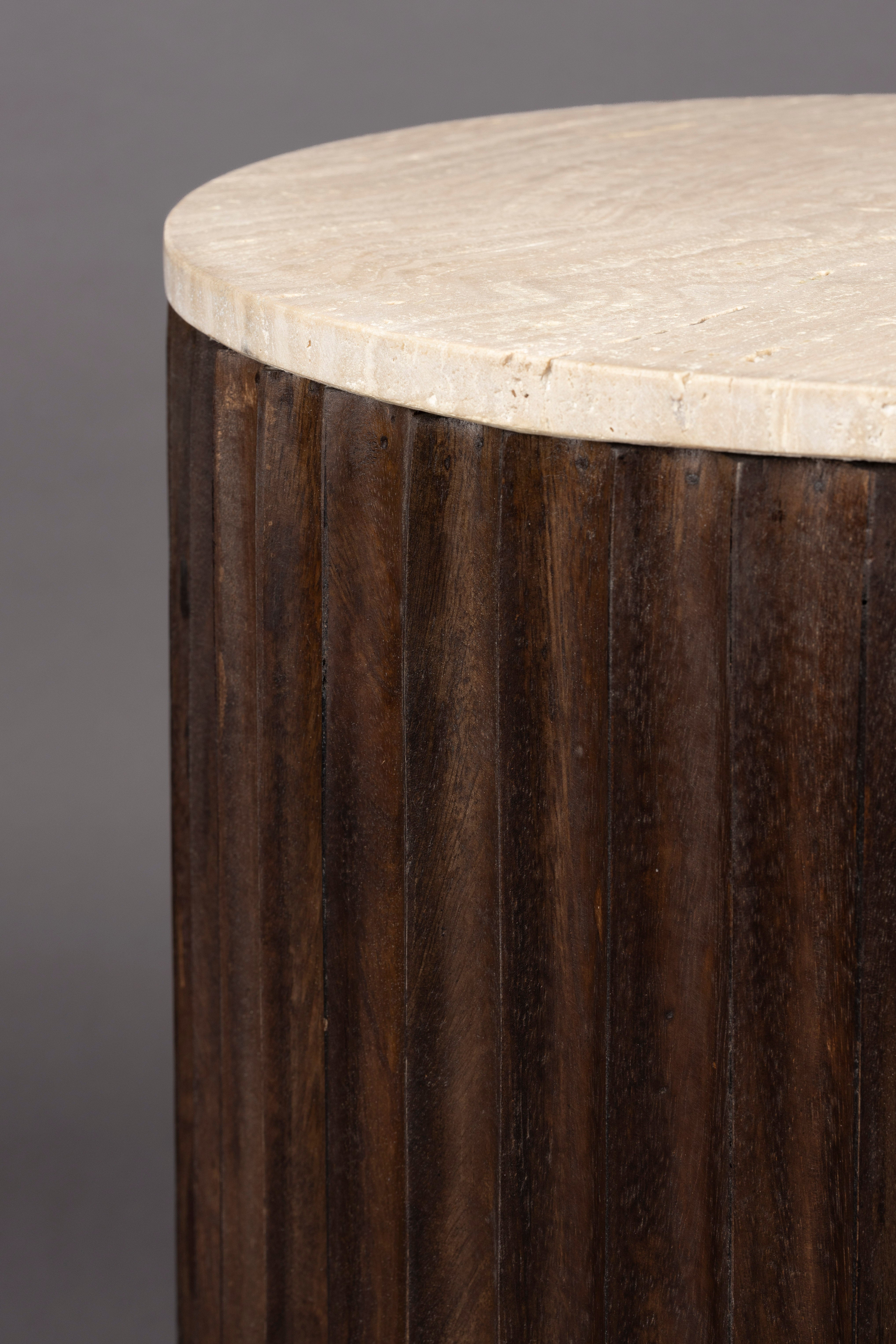 Dutchbone Marlow Ribbed Mango Wood & Travertine Marble Side Table/Bedside Table